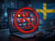 Illustration som symboliserar ett myndighetsbeslut mot ett olicensierat nätcasino med varningssymboler över en dator.