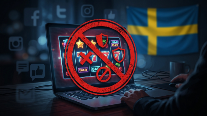 Illustration som symboliserar ett myndighetsbeslut mot ett olicensierat nätcasino med varningssymboler över en dator.