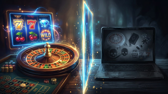 Illustration som symboliserar gränsen mellan licensierat och olicensierat nätcasino genom ljus och skugga.