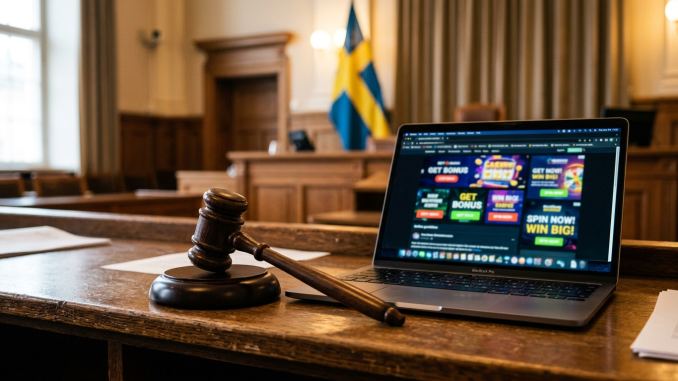 En domarklubba bredvid en bärbar dator med suddiga bannerannonser, som symboliserar domstolens beslut om spelreklam.