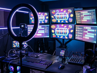 En streamingutrustning med flera skärmar som visar spelrelaterat innehåll i ett mörkt rum med blått ljus.