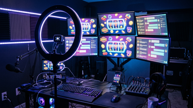 En streamingutrustning med flera skärmar som visar spelrelaterat innehåll i ett mörkt rum med blått ljus.