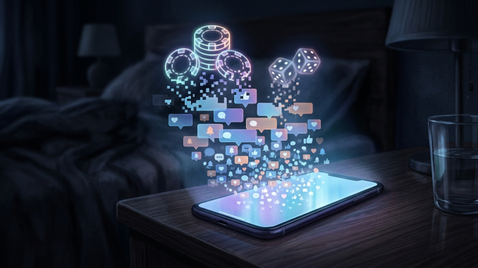 En smartphone lyser i mörker med symboler för spelmarknadsföring som sprids genom sociala medier och meddelanden.