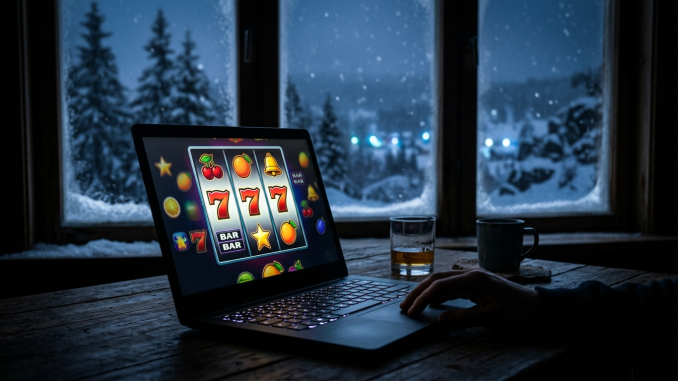 En bärbar dator med ett upplyst casinospel på skärmen i ett halvmörkt rum symboliserar nätcasino och gränsöverskridande spel.