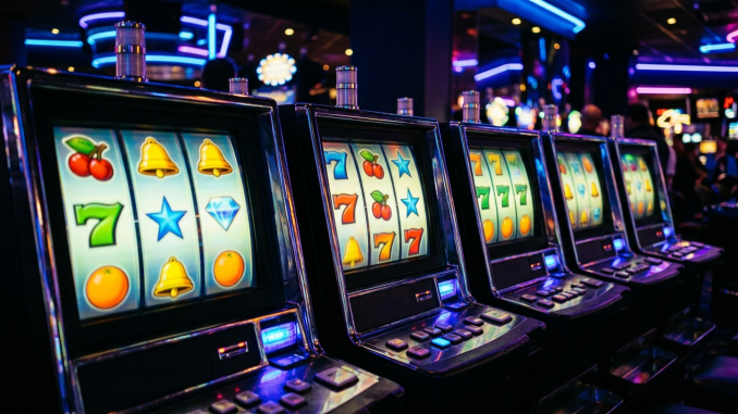 Rad av upplysta spelautomater med färgglada symboler i en mörk casinomiljö, som symboliserar nätcasino.