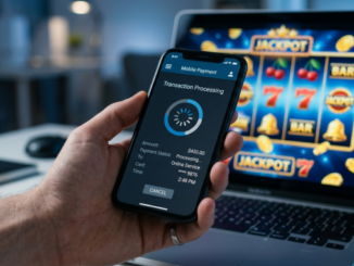 En smartphone med en betalningsapp öppen bredvid en laptop som visar spelsymboler, som symboliserar kopplingen mellan betalningar och nätcasino.