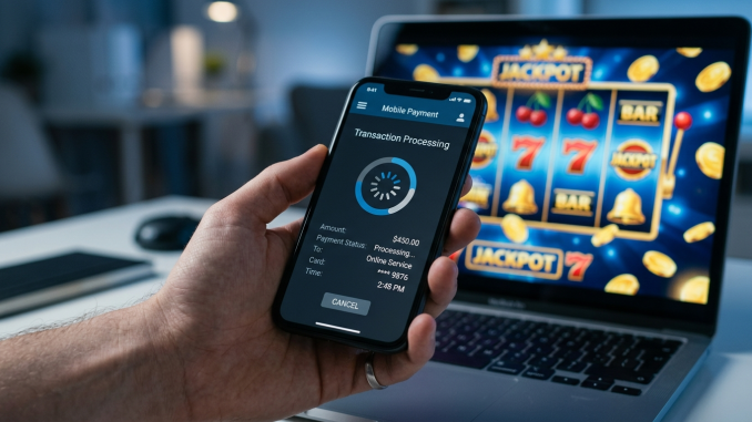 En smartphone med en betalningsapp öppen bredvid en laptop som visar spelsymboler, som symboliserar kopplingen mellan betalningar och nätcasino.