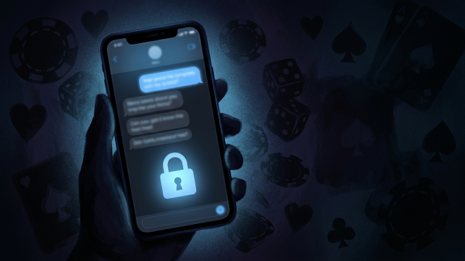 Illustration av en mobiltelefon med låsta chattbubblor som symboliserar dold marknadsföring av olicensierat spel.
