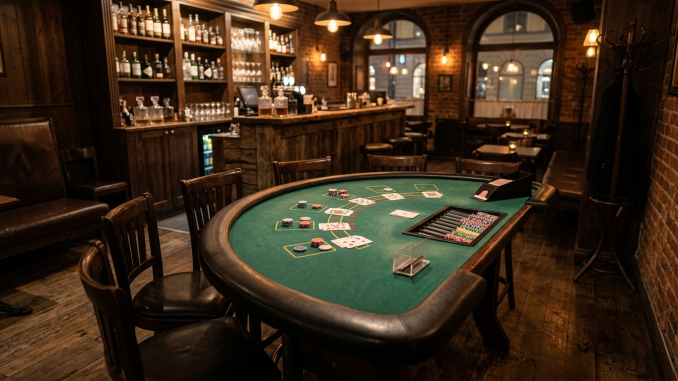 Ett tomt blackjackbord på en krog i Stockholm efter att spelverksamheten stoppats.
