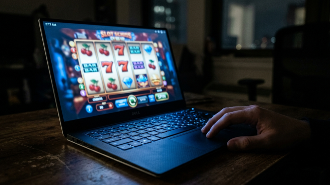 En person spelar på ett nätcasino på laptop sent på kvällen i ett mörkt rum.