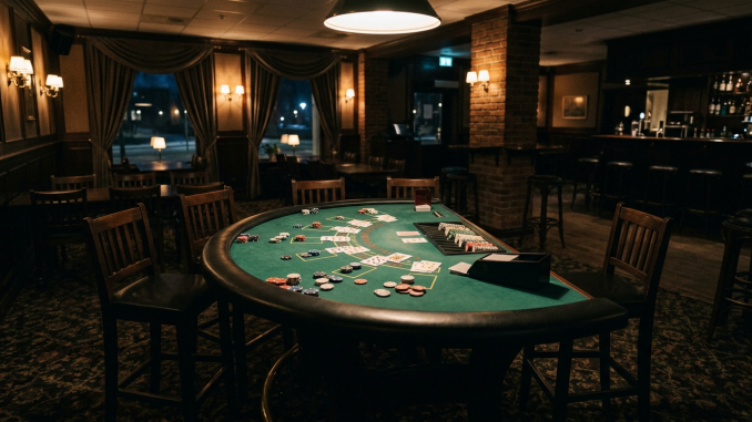 Ett tomt blackjackbord på en restaurang där kasinoverksamheten stoppats av myndighetsbeslut.
