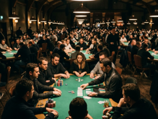 Pokerbord med chiphögar och kort under en internationell turnering i ett dunkelt upplyst spelrum.