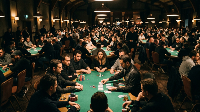 Pokerbord med chiphögar och kort under en internationell turnering i ett dunkelt upplyst spelrum.