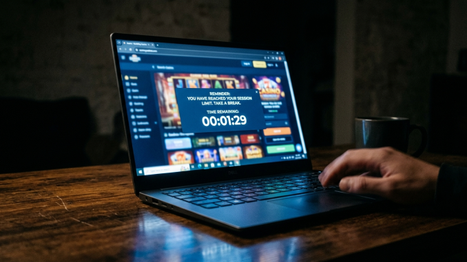 En person sitter vid en dator där ett casinospel visas med en varningsruta och nedräkning på skärmen.